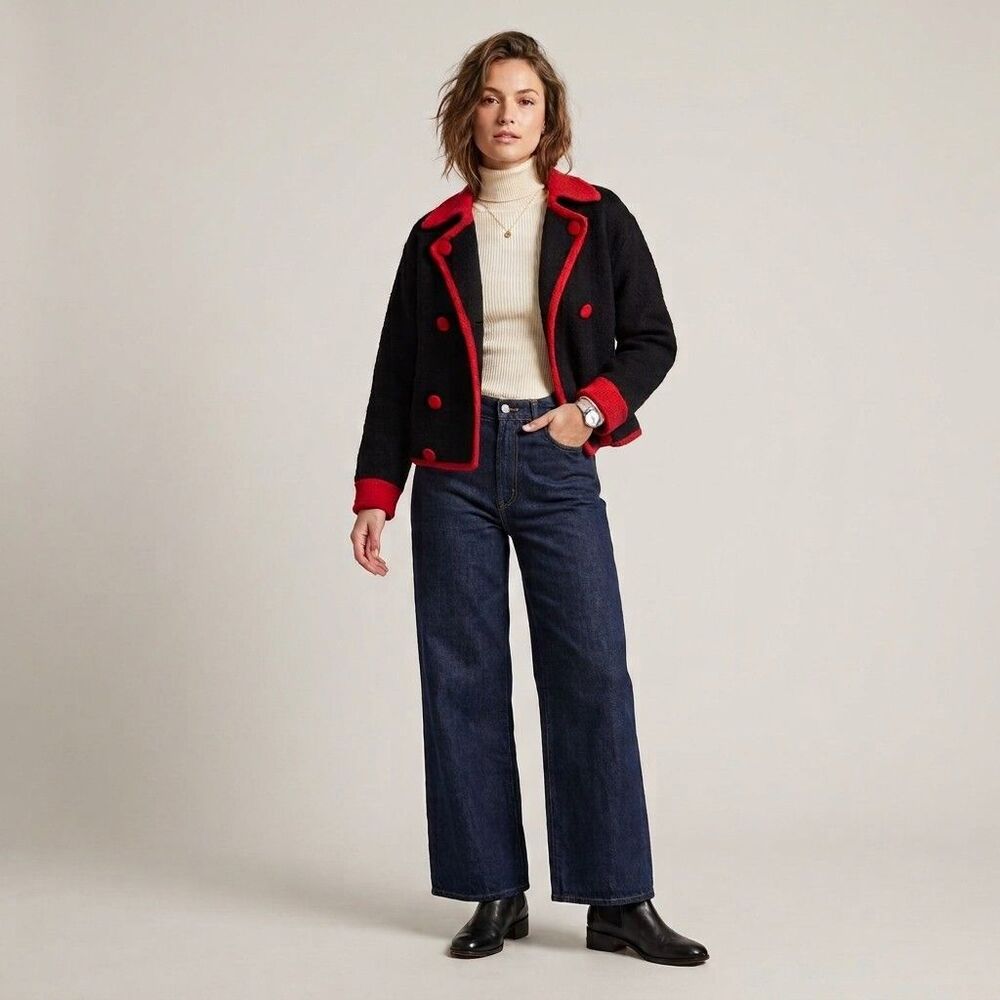 VTG 70s 80s WondraWool S Boiled Wool Double Breasted Cardigan Jacket Black Red